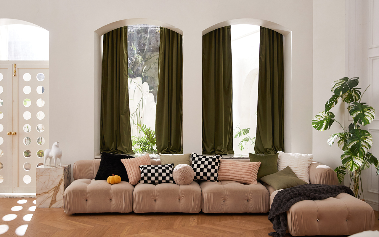 living space with fall curtains